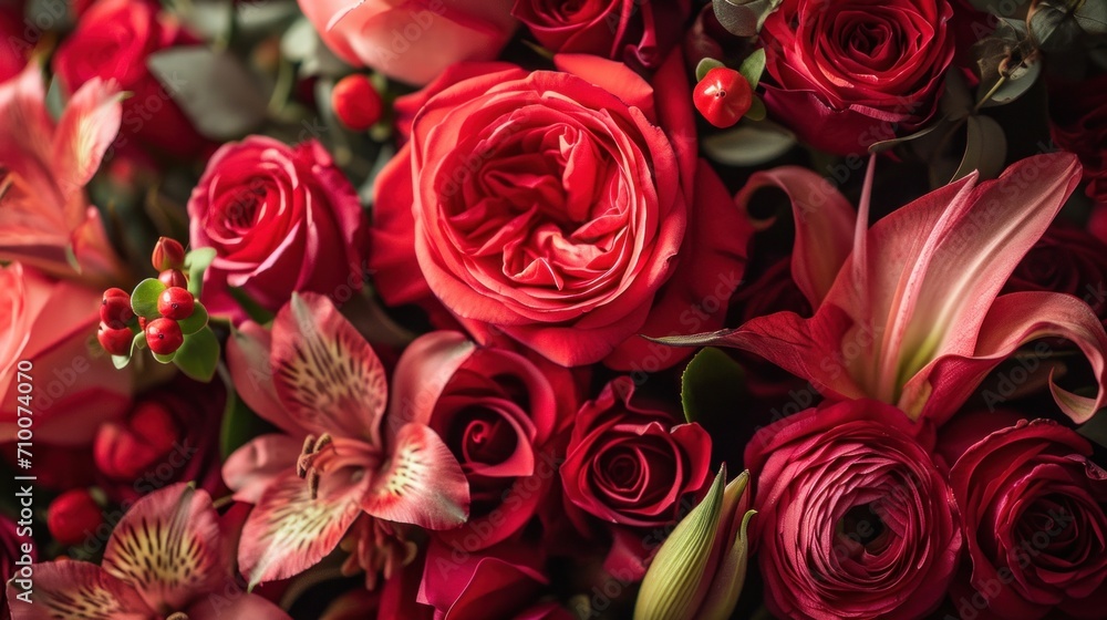Bouquets of red roses, delicate lilies, and aromatic petals Bouquets of red roses, delicate lilies, and aromatic petals