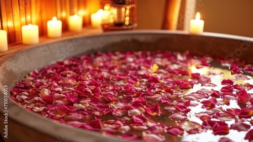 Rose-petal-filled Tub, Candles, and Aromatic Essential Oils