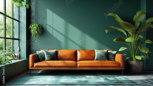 A living room with a leather couch and a potted plant. Dark green walls and brown leather furniture, modern interior