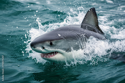Shark swimming underwater in sea. Aggressive marine predator