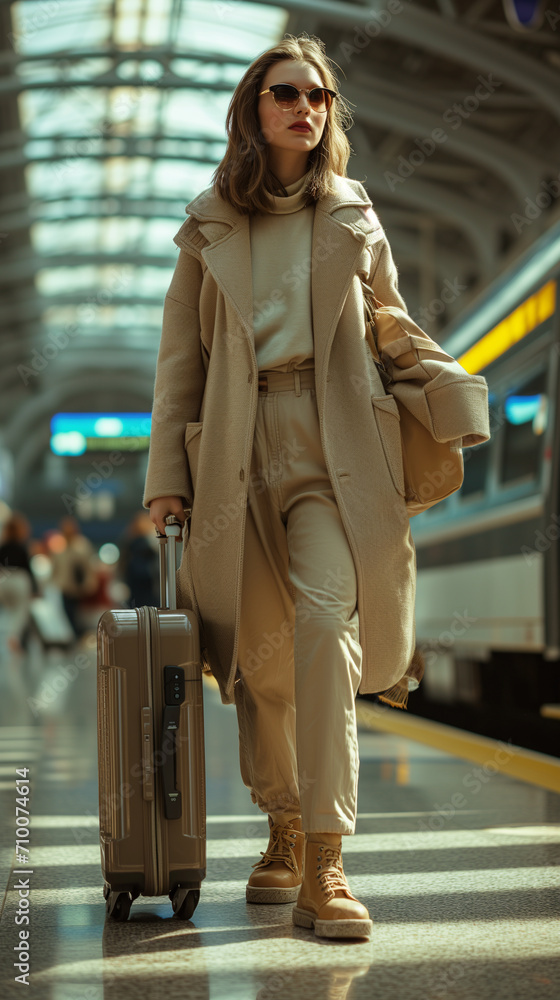 woman in beige suit with case in airport