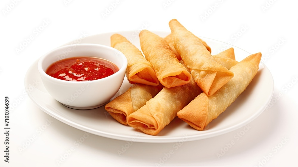 fried spring rolls with sweet chili sauce on a plate in a clean and well organized manner. simplicity that matches the modern minimalist style fried spring rolls with sweet chili sauce on a plate in a clean and well organized manner. simplicity that matches the modern minimalist style