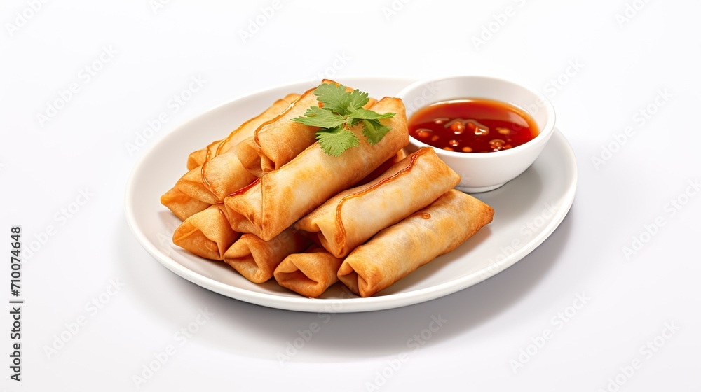 fried spring rolls with sweet chili sauce on a plate in a clean and well organized manner. simplicity that matches the modern minimalist style fried spring rolls with sweet chili sauce on a plate in a clean and well organized manner. simplicity that matches the modern minimalist style