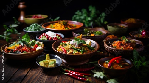 Vibrant and aromatic Thai curries, showcasing the assortment of herbs, spices, and ingredients