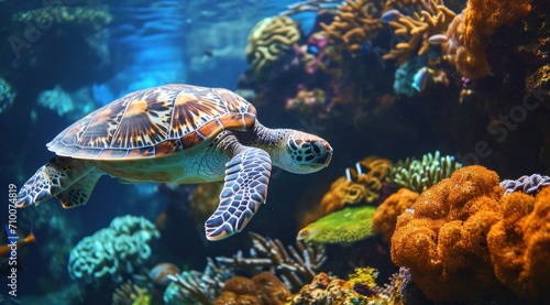 a turtle swimming next to a coral reef and sea turtle in a watery environment