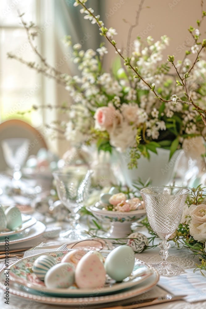 Floral Centerpiece and Egg Ornaments on Dining Table Floral Centerpiece and Egg Ornaments on Dining Table
