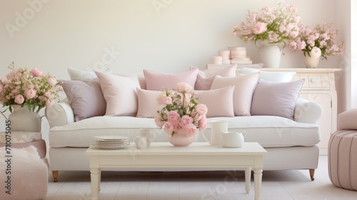 A beautifully decorated living room  adorned with pastel-colored cushions  throws