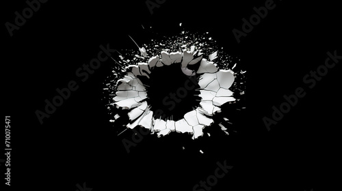 Broken hole in white paint on black background