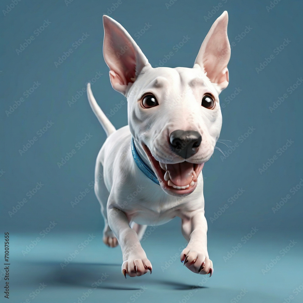 3d style, Cute cartoon style Bull Terrier dog fun and runing.isolated blue background. ai generative