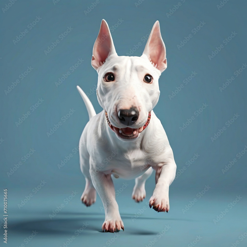 3d style, Cute cartoon style Bull Terrier dog fun and runing.isolated blue background. ai generative