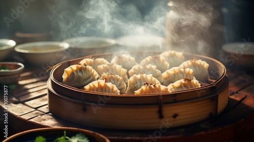 Delicate dim sum, highlighting the steam rising from the bamboo baskets © Cloudspit