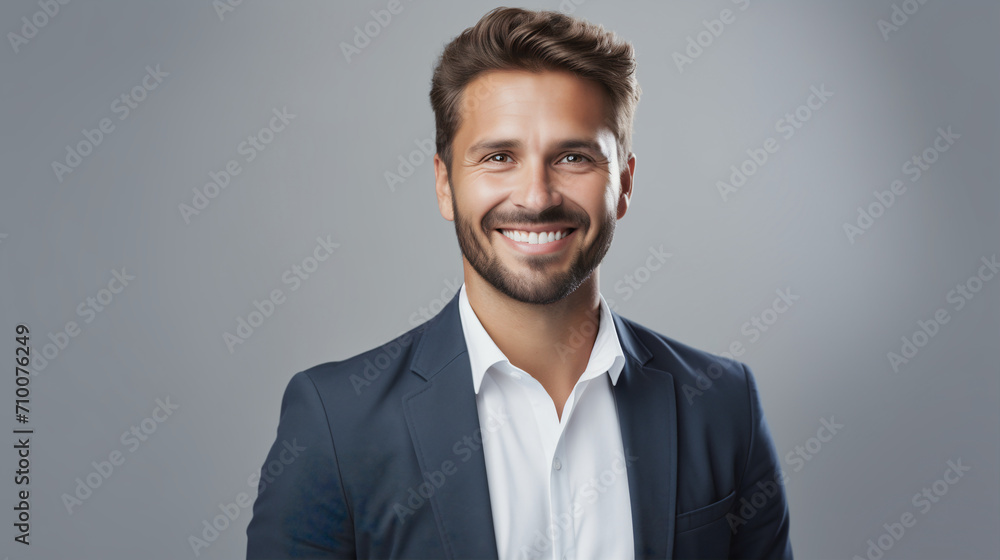 A professional man with a friendly smile, wearing a dark blue suit and a white shirt. The studio portrait highlights his confidence and approachability, with grey background