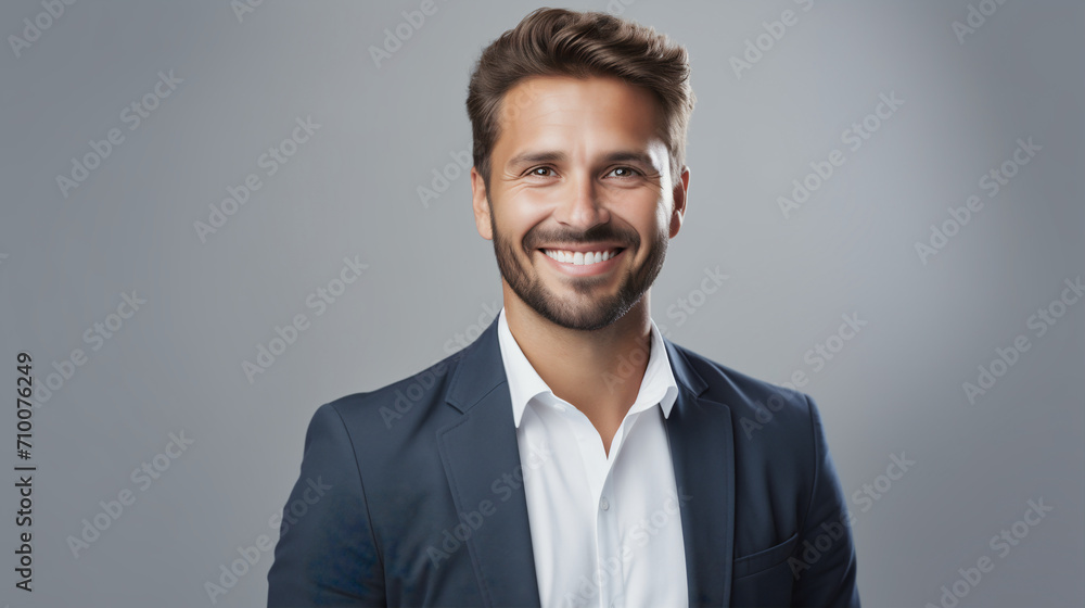 A professional man with a friendly smile, wearing a dark blue suit and a white shirt. The studio portrait highlights his confidence and approachability, with grey background A professional man with a friendly smile, wearing a dark blue suit and a white shirt. The studio portrait highlights his confidence and approachability, with grey background