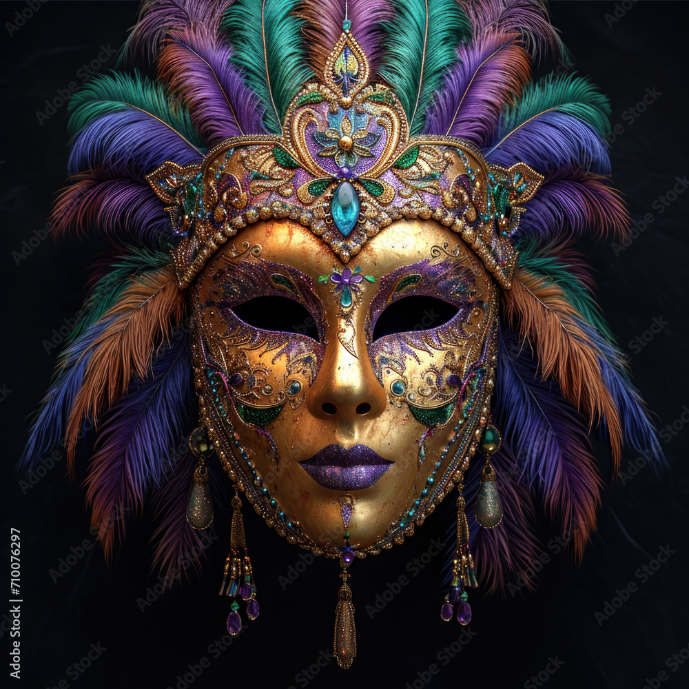 A close up of a mask with feathers on it, Mardi Gras mask with colorful feathers., Mardi Gras mask with colorful feathers.