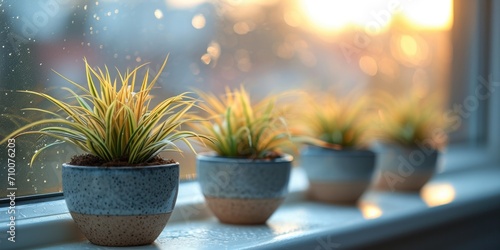 Three potted plants sit on a window sill photo