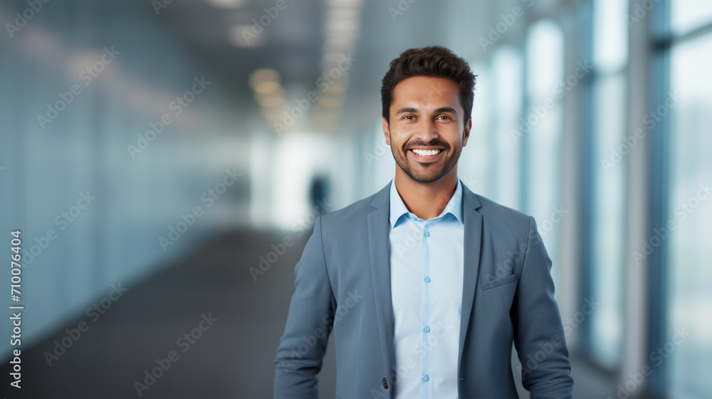 This image captures a friendly businessman in a light grey suit, radiating warmth and approachability, standing in a bright corridor that emphasizes openness and transparency