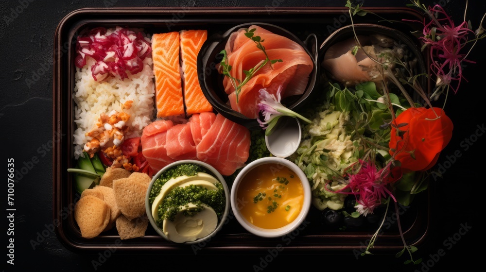 Artful arrangement of a bento box, highlighting the variety of ingredients, textures, and colors in a visually appealing composition,