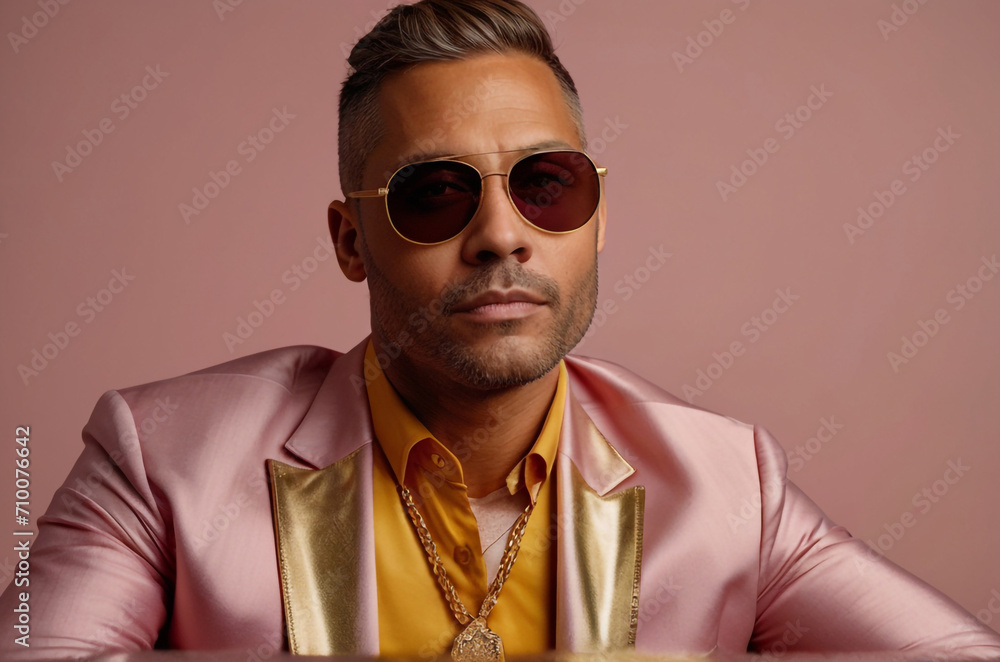 Obraz premium portrait of a man with sunglasses in the pink background