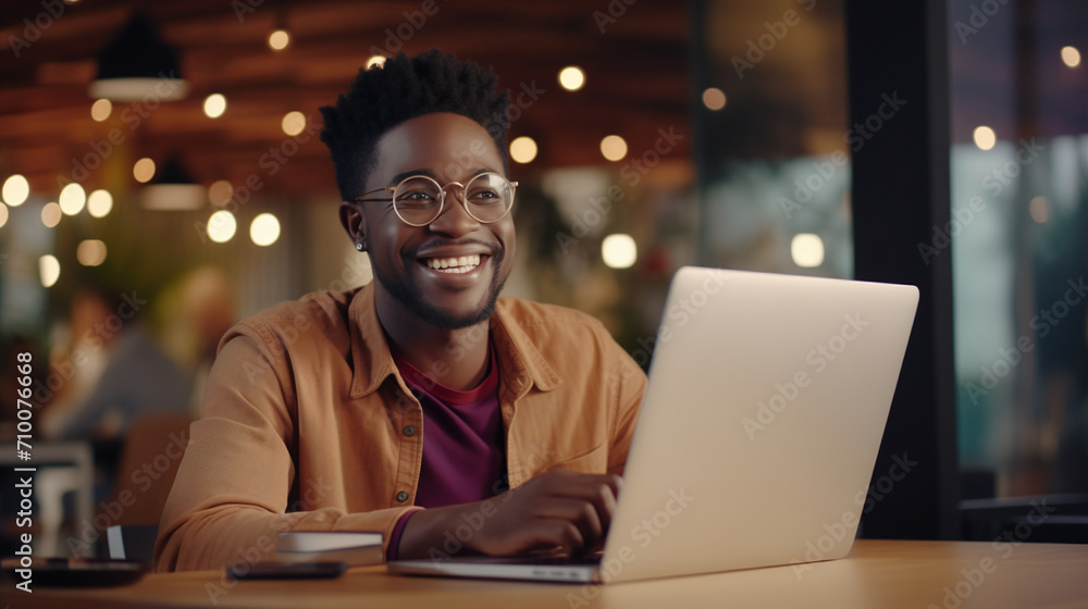 A young African-American freelancer man with a beaming smile and a smart casual light olive shirt poses confidently, with his clean, modern office space providing an ideal backdrop for productivity A young African-American freelancer man with a beaming smile and a smart casual light olive shirt poses confidently, with his clean, modern office space providing an ideal backdrop for productivity