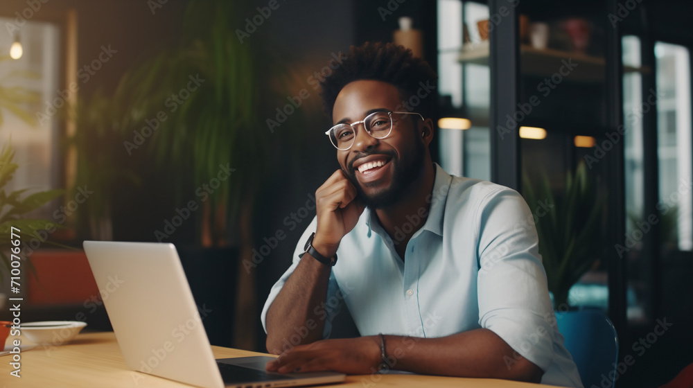 A young black professional in a sky-blue shirt and round glasses is pictured in a thoughtful pose, evoking a sense of creativity and focus in a modern office setting A young black professional in a sky-blue shirt and round glasses is pictured in a thoughtful pose, evoking a sense of creativity and focus in a modern office setting