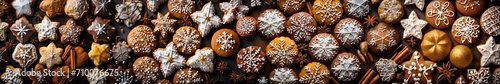 Horizontal image of many holiday cookies close up