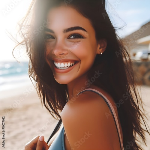 mulher modelo sorridente e alegre na praia em um dia ensolarado photo