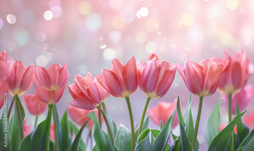 Blooming pink tulips on a sunny day. Spring mood. Spring, floral banner, template, background with space for text and advertising. Blooming pink tulips on a sunny day. Spring mood. Spring, floral banner, template, background with space for text and advertising.