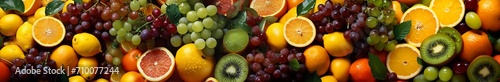 Horizontal image of many fruits, berries and citrus fruits as a background photo