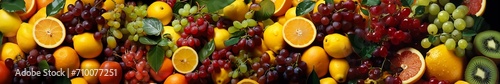 Horizontal image of many fruits  berries and citrus fruits as a background