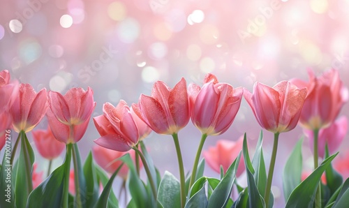Blooming pink tulips on a sunny day. Spring mood. Spring, floral banner, template, background with space for text and advertising.
