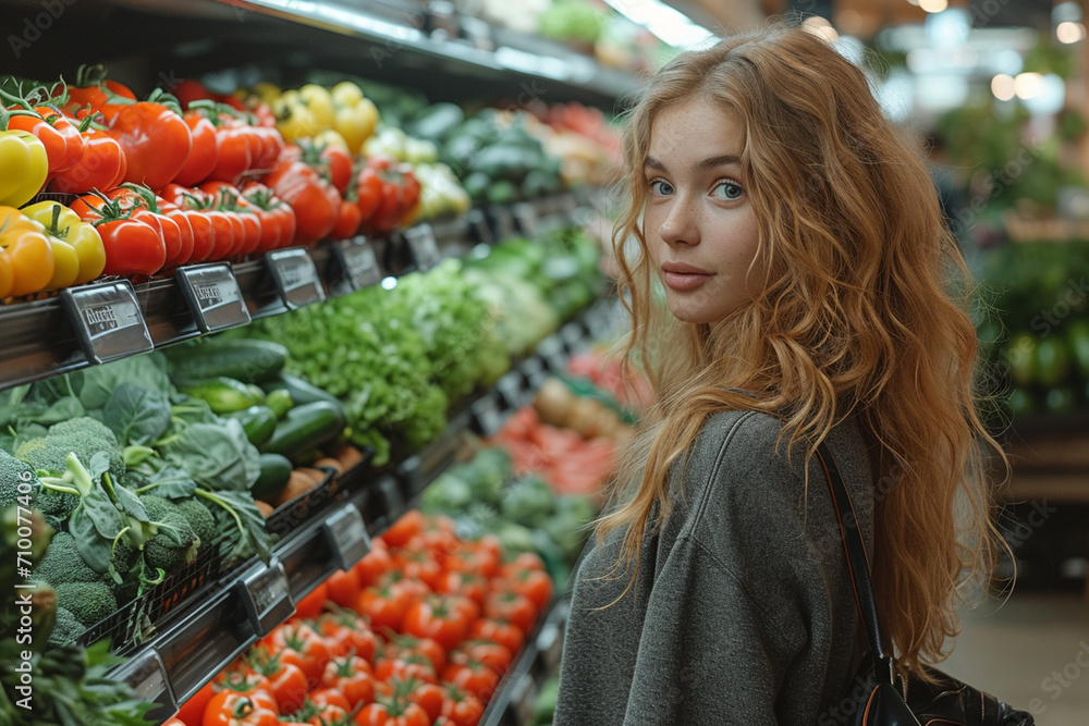 young girl in the vegetable part of the supermarket