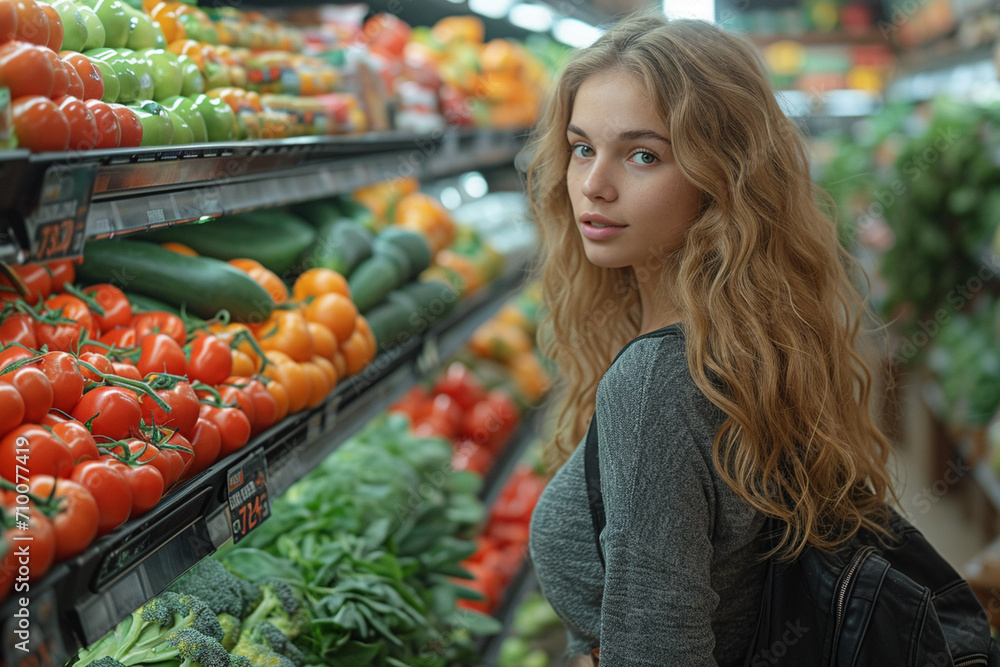 young girl in the vegetable part of the supermarket young girl in the vegetable part of the supermarket