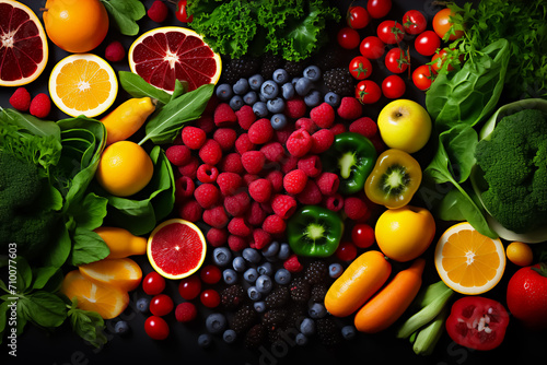 Image of a lot of fruits, berries and citrus fruits as a background © Yevheniia