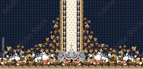 Seamless digital floral border design with center panel ethnic floral motif on dark checkered background Traditional ethnic floral border with Mughal art baroque and multi flower seamless pattern