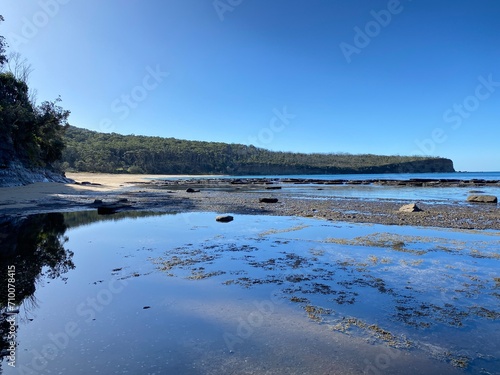 Shoreline at low tide covered with moss and lichen. Sand  pebbles and wet rocks at the edge of the ocean where the water has receded. Bay with blue sky  trees and mountains in the distance.