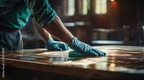 Diligent hands polish surfaces, as a house cleaner meticulously wipes away dust, bringing a gleam to furniture and spaces