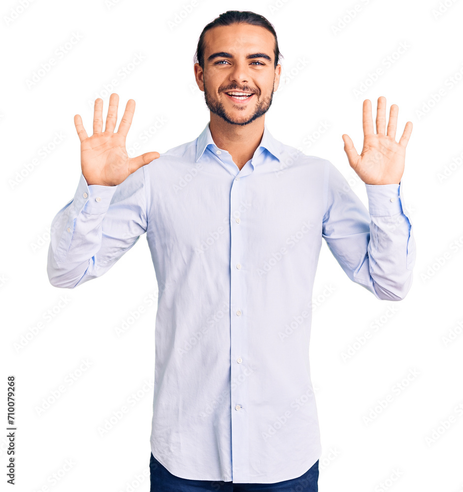 Young handsome man wearing business clothes showing and pointing up with fingers number ten while smiling confident and happy. Young handsome man wearing business clothes showing and pointing up with fingers number ten while smiling confident and happy.