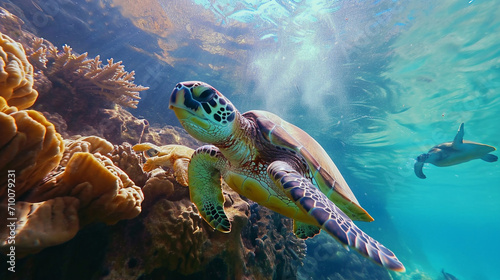 Large sea turtles swim among the coral reefs. Tropical paradise. Realism. Illustration. Endangered animals.