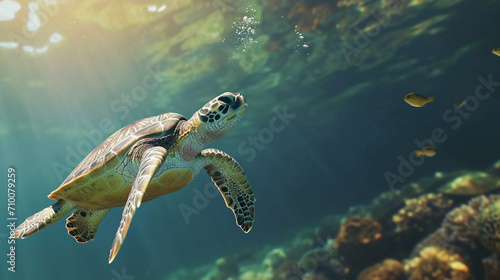 Large sea turtles swim among the coral reefs. Tropical paradise. Realism. Illustration. Endangered animals. © LUKIN IGOR 