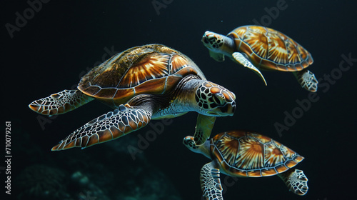 Large sea turtles swim among the coral reefs. Tropical paradise. Realism. Illustration. Endangered animals.