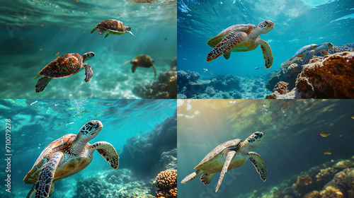 Large sea turtles swim among the coral reefs. Tropical paradise. Realism. Illustration. Endangered animals. © A LOT ABOUT EVERYTHI