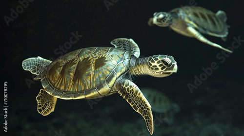 Large sea turtles swim among the coral reefs. Tropical paradise. Realism. Illustration. Endangered animals. © A LOT ABOUT EVERYTHI