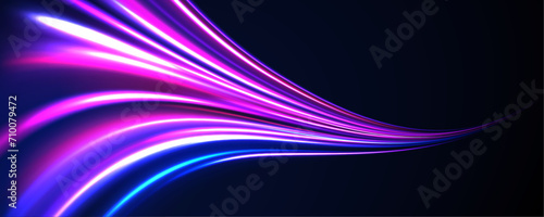 Horizontal night road in the form of a panorama with neon lights. Car motion trails. Speed line motion vector background.	