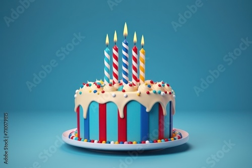 Striped buttercream cake with colorful candles on blue background.