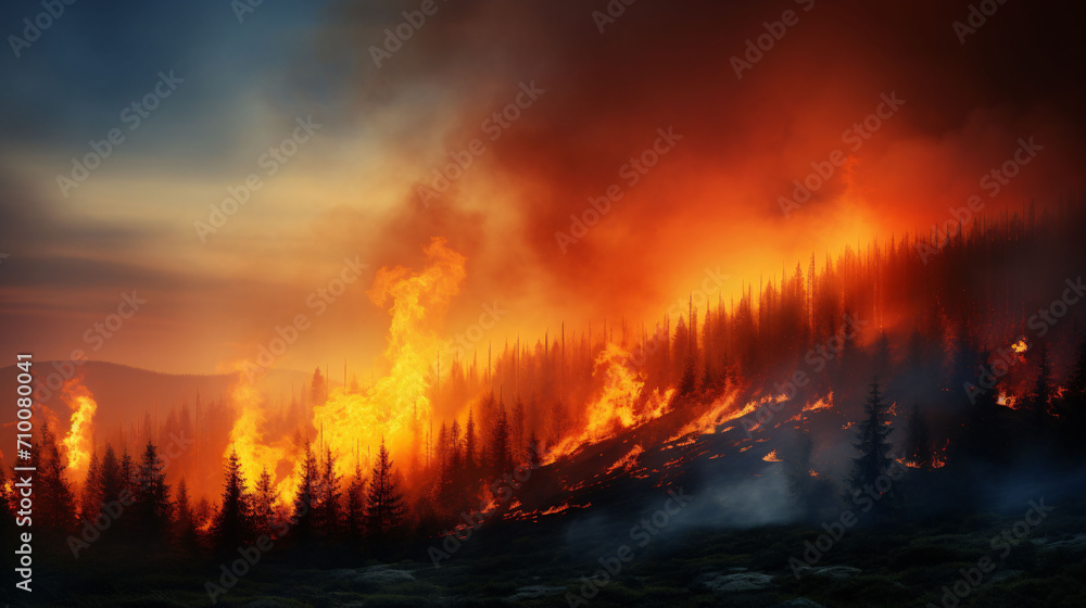 forest fire in the mountains at sunset the concept of natural disaster