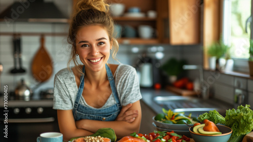 A young woman in the kitchen next to a selection of healthy foods, including salmon, avocado, and tomatoes photo