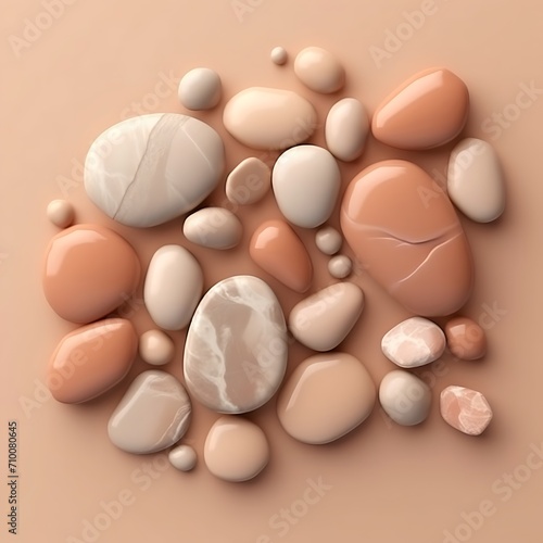 Flat-lay view. Translucent and round pebbles with beautiful patterns in apricot(light yellow orange)tones isolated on apricot color background. 