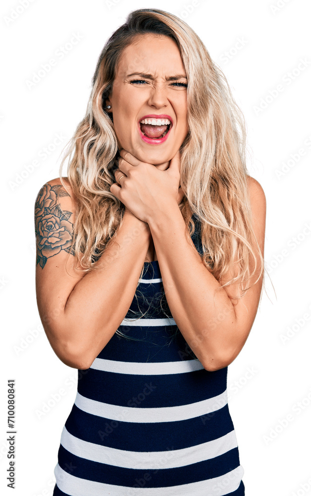 Young blonde woman wearing casual clothes shouting and suffocate because painful strangle. health problem. asphyxiate and suicide concept. Young blonde woman wearing casual clothes shouting and suffocate because painful strangle. health problem. asphyxiate and suicide concept.