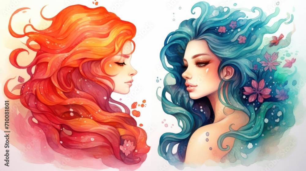 Watercolor drawing of two girls with red hair and green hair looking at each other on a white background.