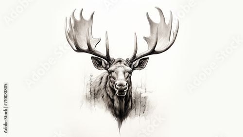 pen and ink sketch, head of deer with antlers, white background © Xabi